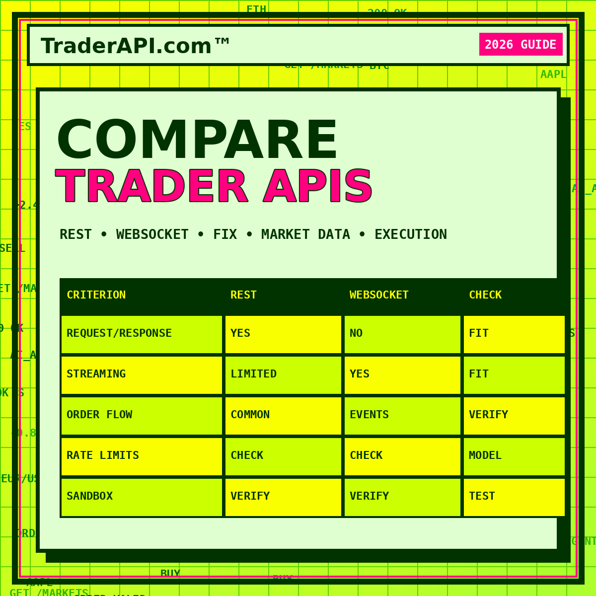 Neon comparison matrix for REST, WebSocket, FIX, market data, and order execution Trader APIs
